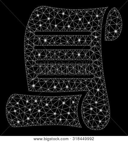 Glowing Mesh Script Roll With Sparkle Effect. Abstract Illuminated Model Of Script Roll Icon. Shiny 