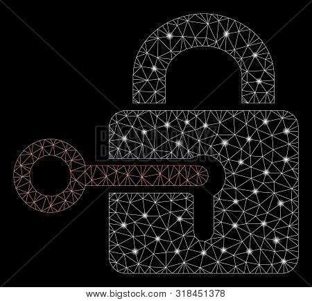 Glossy Mesh Secrecy With Lightspot Effect. Abstract Illuminated Model Of Secrecy Icon. Shiny Wire Ca