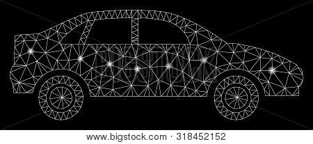 Bright Mesh Sedan Car With Glare Effect. Abstract Illuminated Model Of Sedan Car Icon. Shiny Wire Fr