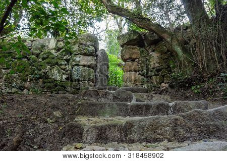 Stone Stairs Covered Moss In Capuchin Monastery In Portugal