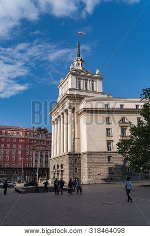 Sofia, Bulgaria - May 3, 2019:  View To National Assembly Building From Atanas Burov Square. Sofia, 