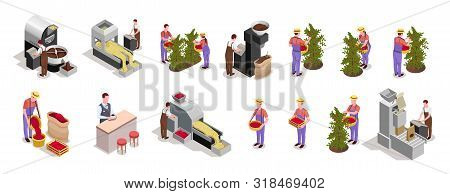 Coffee Industry Production 2 Rows Isometric Elements With Beans Harvesting Processing Roasting Packi