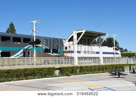TUSTIN, CA - APRIL 30, 2017: Metrolink Station. The commuter rail station is in a shopping plaza at Jamboree Road and Edinger Avenue.