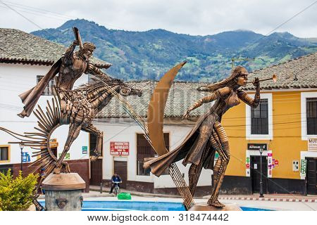 Turmeque, Colombia  August, 2019: Monument Honouring The Indigenous Muisca At The Central Square Of