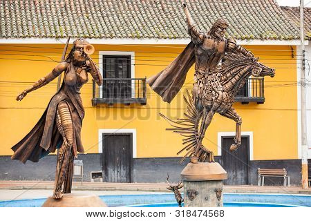 Turmeque, Colombia  August, 2019: Monument Honouring The Indigenous Muisca At The Central Square Of