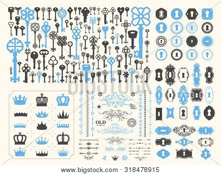 Vector Illustration With Design Elements For Decoration. Big Silhouettes Set Of Keys, Locks, Arrows,