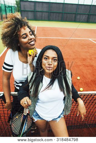 Young Pretty Girlfriends Hanging On Tennis Court, Fashion Stylish Dressed Swag, Best Friends Happy S