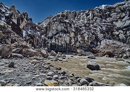 Gaumukh Glacier, Source Of The Ganges River. Uttarakhand, Gangotri, India.