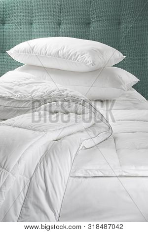 Modern Bedroom With Pillows On Bed, Interior Design Concept Decoration