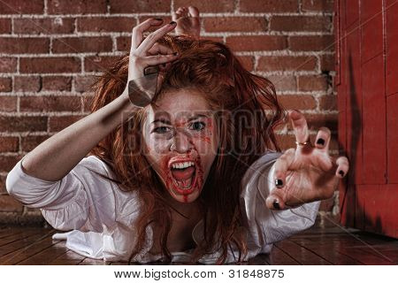 恐怖形势与血腥的脸的女人