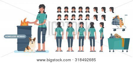 Homeless. Sad Jobless Woman In Dirty Clothes. Character Constructor For Animation Creation Cet. Fron