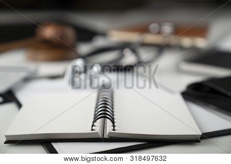 Medical Law Concept.  Gavel And Stethoscope On The Wihte Table.