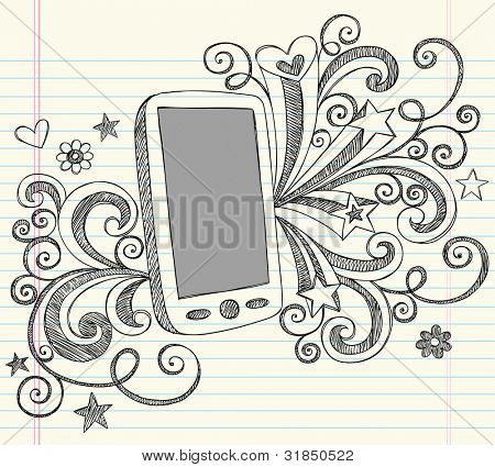 Handritade mobil mobiltelefon PDA skissartad Notebook Doodles med virvlar, hjärtan och Shooting Stars - V