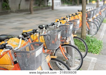 Taipei, Taiwan - May 12th, 2019:row of bicycles called Ubike, a bike sharing system service used by citizens as short-distance transit vehicles in Taipei, Taiwan, Asia