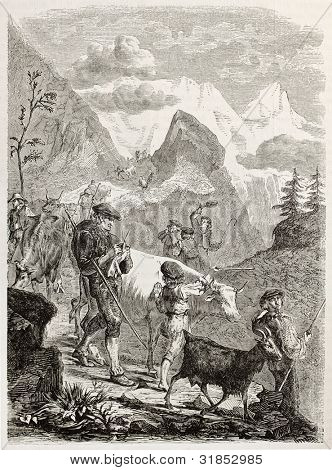 Pyrenees: pastore decrescente montagne intorno Ossau valle. Creato da Valton, pubblicato su L'Illus