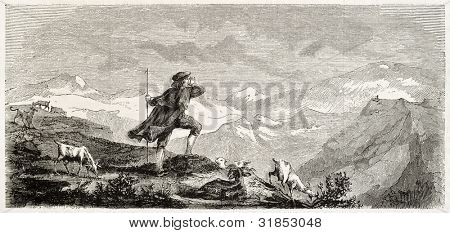 Pastore della valle Ossau, Pirenei, Francia. Creato da Valton, pubblicato su L'Illustration, Journal 