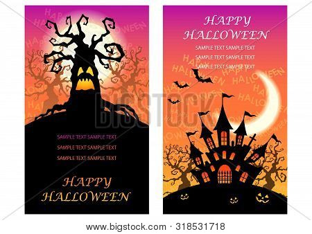 Set Of Two Happy Halloween Greeting Card Templates With Haunted Trees And A Mansion, Vector Illustra