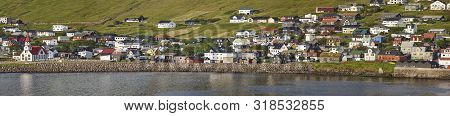 Panoramic View Of Sandavagur Village On Faroe Islands. Vagar Island