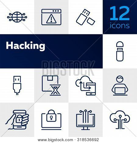 Hacking Line Icon Set. Programmer, Computer, Memory Stick. Information Technology Concept. Can Be Us