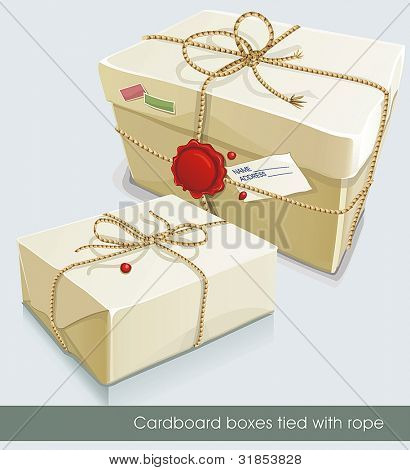 Parcel post wrapped with white paper and tied with twine. Vector illustration set.