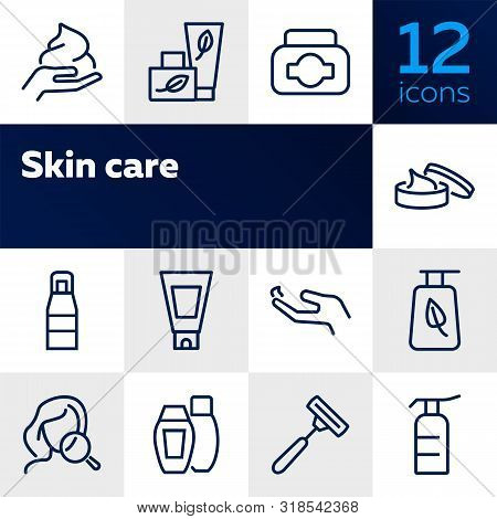 Skincare Icon. Set Of Line Icons On White Background. Hand Cream, Body Lotion, Shaving Razor. Beauty