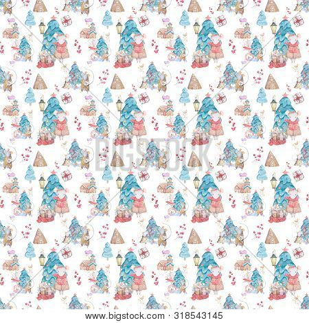Watercolor Merry Christmas Seamless Patterns With Christmas Sprunce Tree And Rat And House, Holiday 