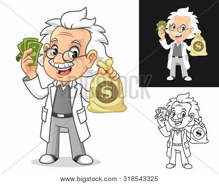 Happy Old Man Professor With Glasses Holding A Sack Of Money Cartoon Character Design, Including Fla
