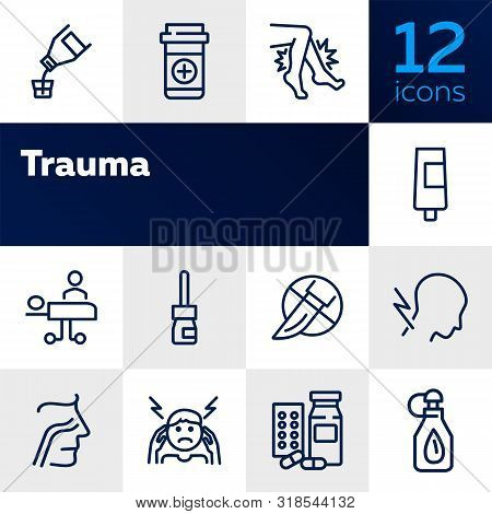 Trauma Line Icon Set. Set Of Line Icons On White Background. Healthcare Concept. Drug Product, Pain,