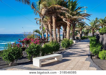 Puerto Del Carmen Beach In Lanzarote, Canary Islands, Spain. Blue Sea, Palm Trees, Selective Focus