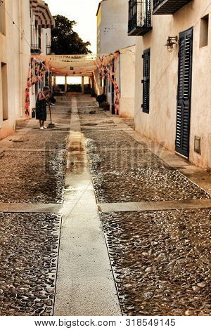 Tabarca Island, Alicante, Spain- July 15, 2018: Streets Of Tabarca Island Engalanated For The Virgen