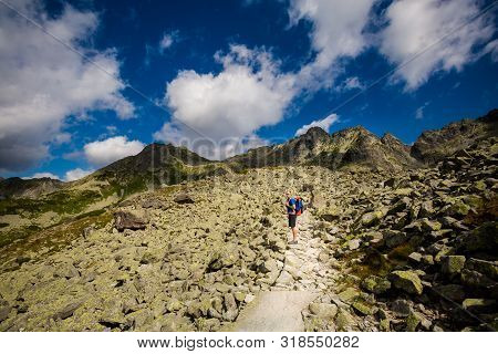 Tourist Going To Rysy Tatra Mountains