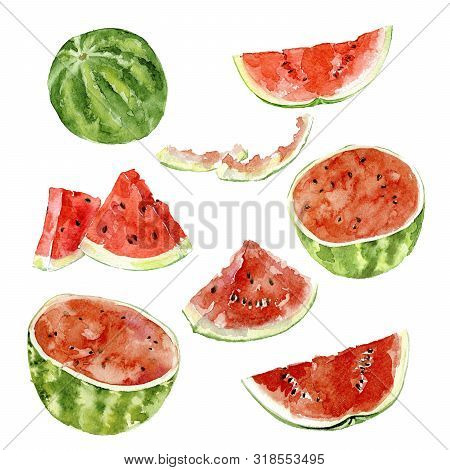 Watercolor Illustration. Watermelon, Half A Watermelon, A Piece Of Watermelon, A Slice Of Watermelon