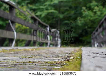 Wooden Road Or Bridge With Old Railings Across The River. Bottom View, Copyspace
