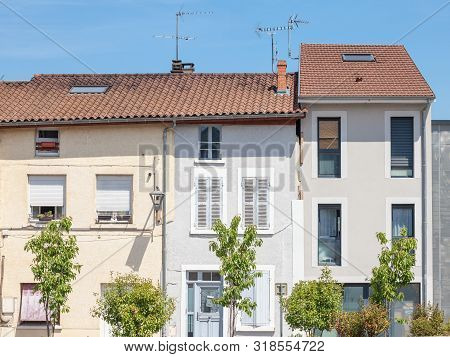 Facades Of Typical Village And Town Buildings Of The City Center Of Bourgoin Jallieu, In Dauphine Pr