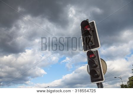 Bus Traffic Light From France, Obeying By European Road Standards, Indicating Red Light For Buses, C