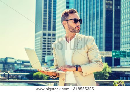 Young European Businessman Traveling, Working In New York City, With Beard, Little Gray Hair, Wearin