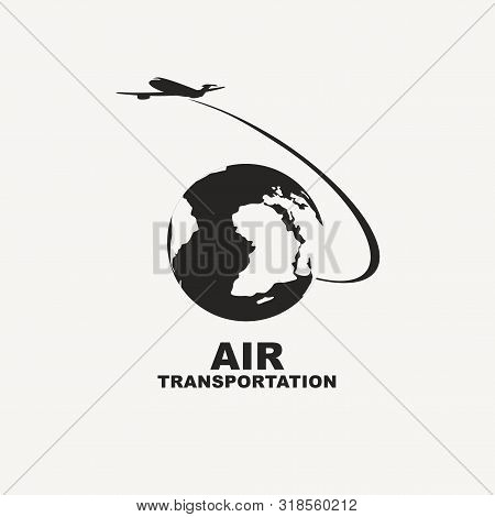 Vector Banner, Logo Or Icon With A Passenger Plane Flying Around The Planet Earth. Black And White I