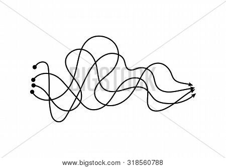 Four Messy Arrow Lines Joining In One Final Point, Black Freehand Scribble Paths