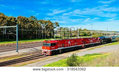 Adelaide Parklands Terminal, South Australia - August 4, 2019: The Ghan Train Ready To Depart For It