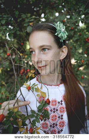 Ukraine, Pokrov - August 23, 2019: National Flag Day Celebration. Portrait Of A Cute Girl In A Natio