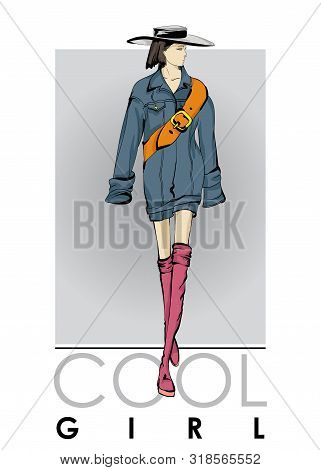 Beautiful Young Women In A Wide-brimmed Hat And Blue Jacket. Hand Drawn Fashion Girl. Fashion Model