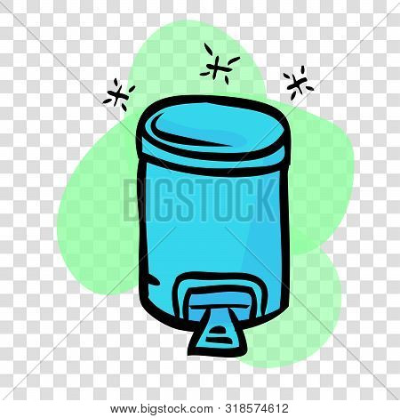 Vector Light Blue Hand Draw Sketch Of Sparkling Closed Clean And Tidy Trash Bin, With Green Abstract