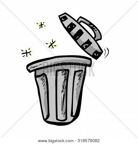 Vector Outline Hand Draw Sketch Of Gray Clean And Tidy Trash Bin, With Abstract Blue Wave At White B