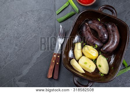Chilean Bloody Sausages Prieta With Potatoes And Sauce, Top View