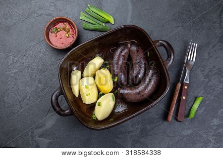 Spanish And Argentine Morcilla Blood Sausages With Potatoes And Chile Sauce