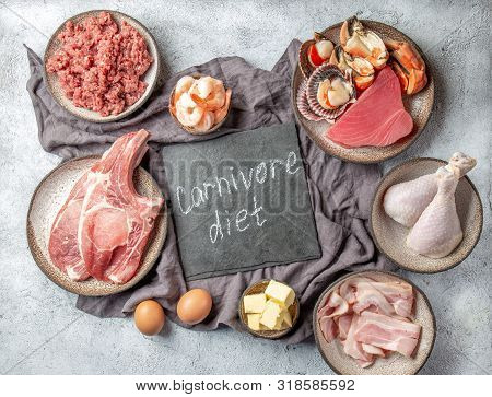 Selection Food For Carnivore Diet. Seafood, Meat, Megs And Fat. Zero Carbs Diet Concept