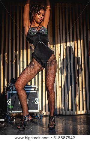 Moscow, Russia - July 27, 2019: Go Go Dance Outdoor. Two Sexy Woman At Johncalliano Hookah Fest.