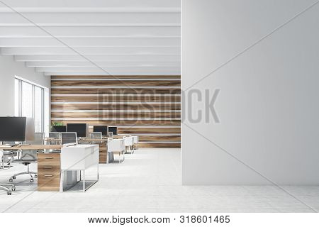 Wooden Open Space Office With Mock Up Wall