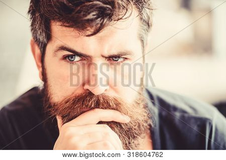 Bearded Man Feel Loneliness. Thoughtful Man Outdoor. Facial Skin Care. Brutal Male Needs Barber. Wai