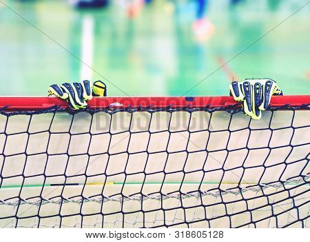 Goalkeeper Gloves On Hands. Shot From Match. Goalkeeper Makes Stretching Hold Goal Gate Frame.